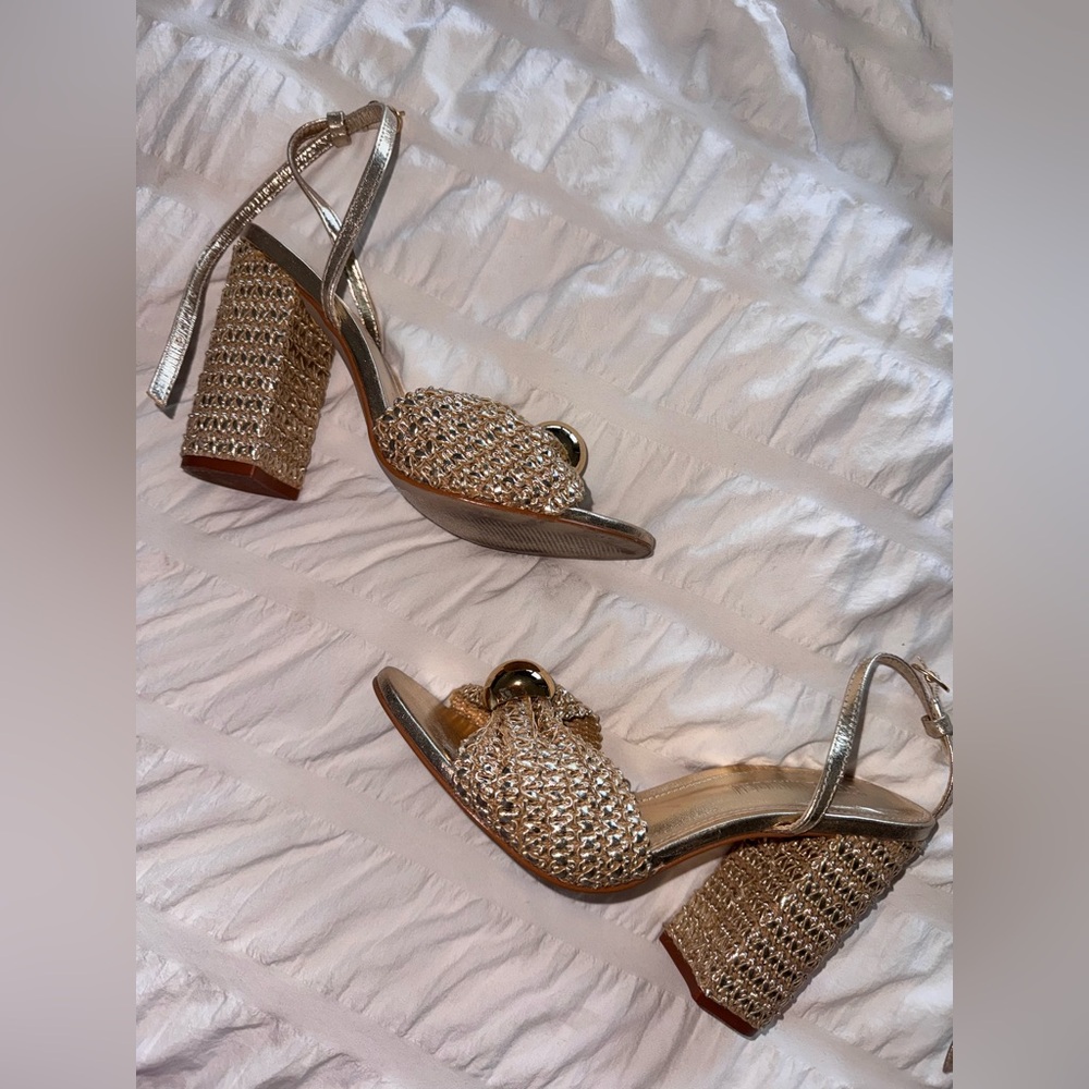 Steve Madden Gold Metallic Woven Block Heel Sandals with Orb Accent